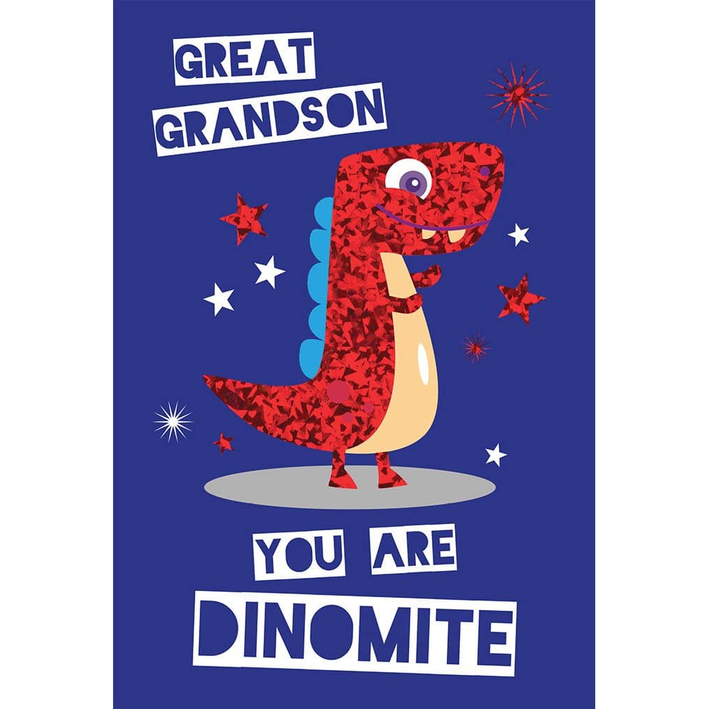 Pictura Dinomite birthday card for great grandson featuring colorful dinosaur illustration and festive design.